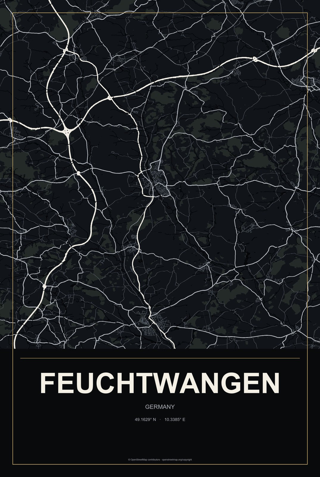 Feuchtwangen, Germany City Map Aluminum Sign in Metropolitan Noir style
