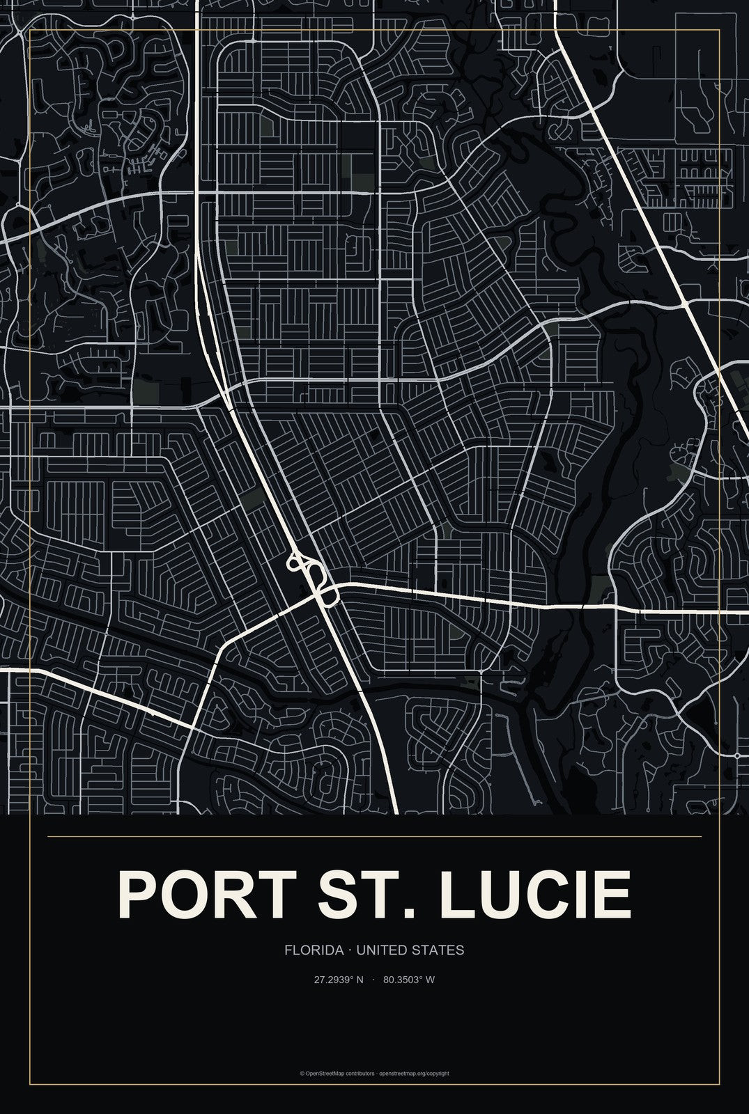 Port St. Lucie, Florida City Map Aluminum Sign in Metropolitan Noir style