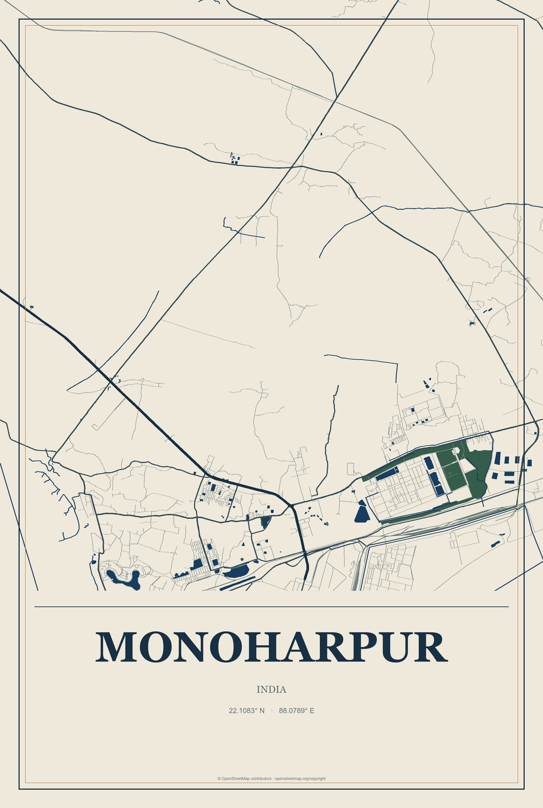 Monoharpur, India City Map Aluminum Sign in Coastal Cutout style