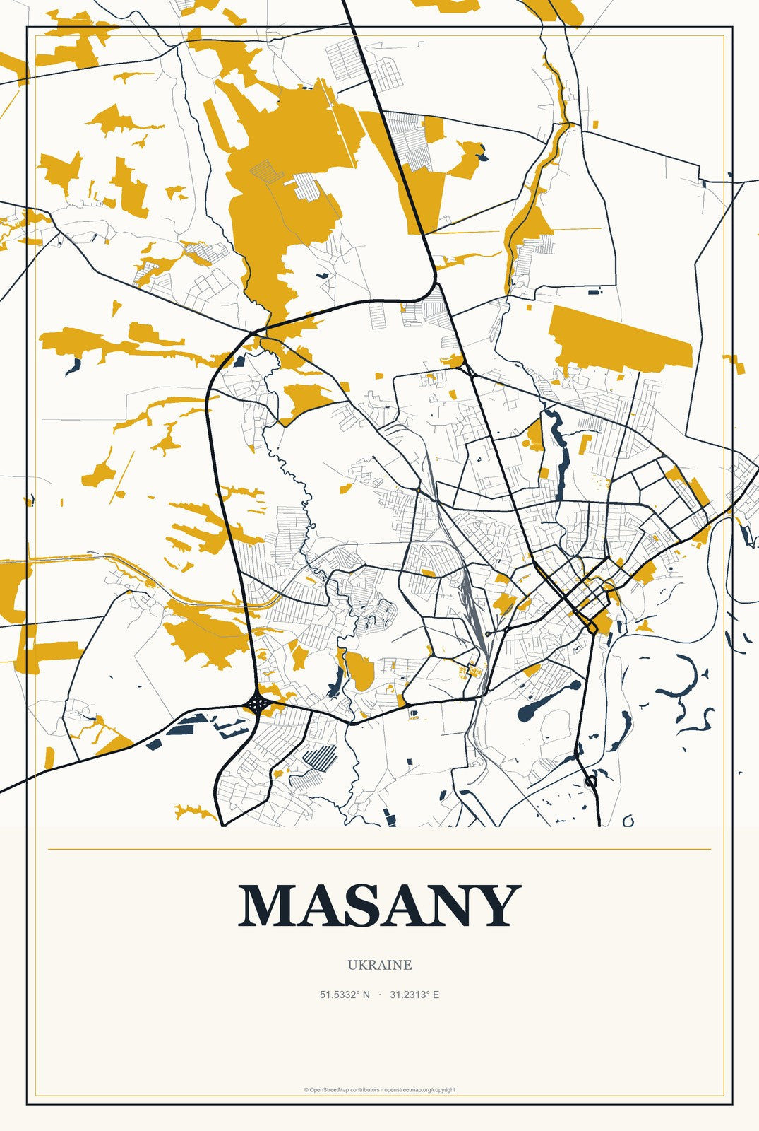 Masany, Ukraine City Map Aluminum Sign in Citrine Modern style