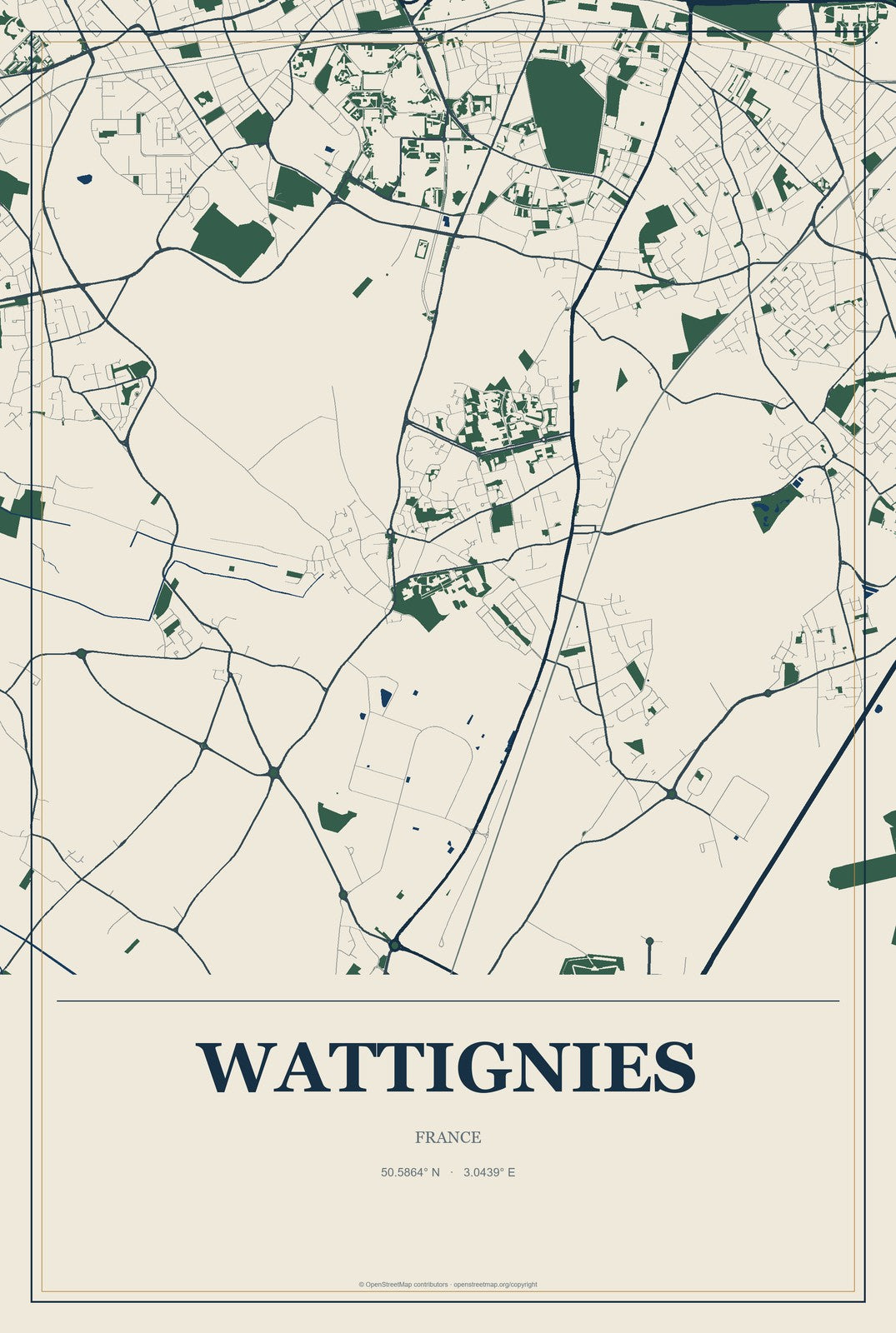 Wattignies, France City Map Aluminum Sign in Coastal Cutout style