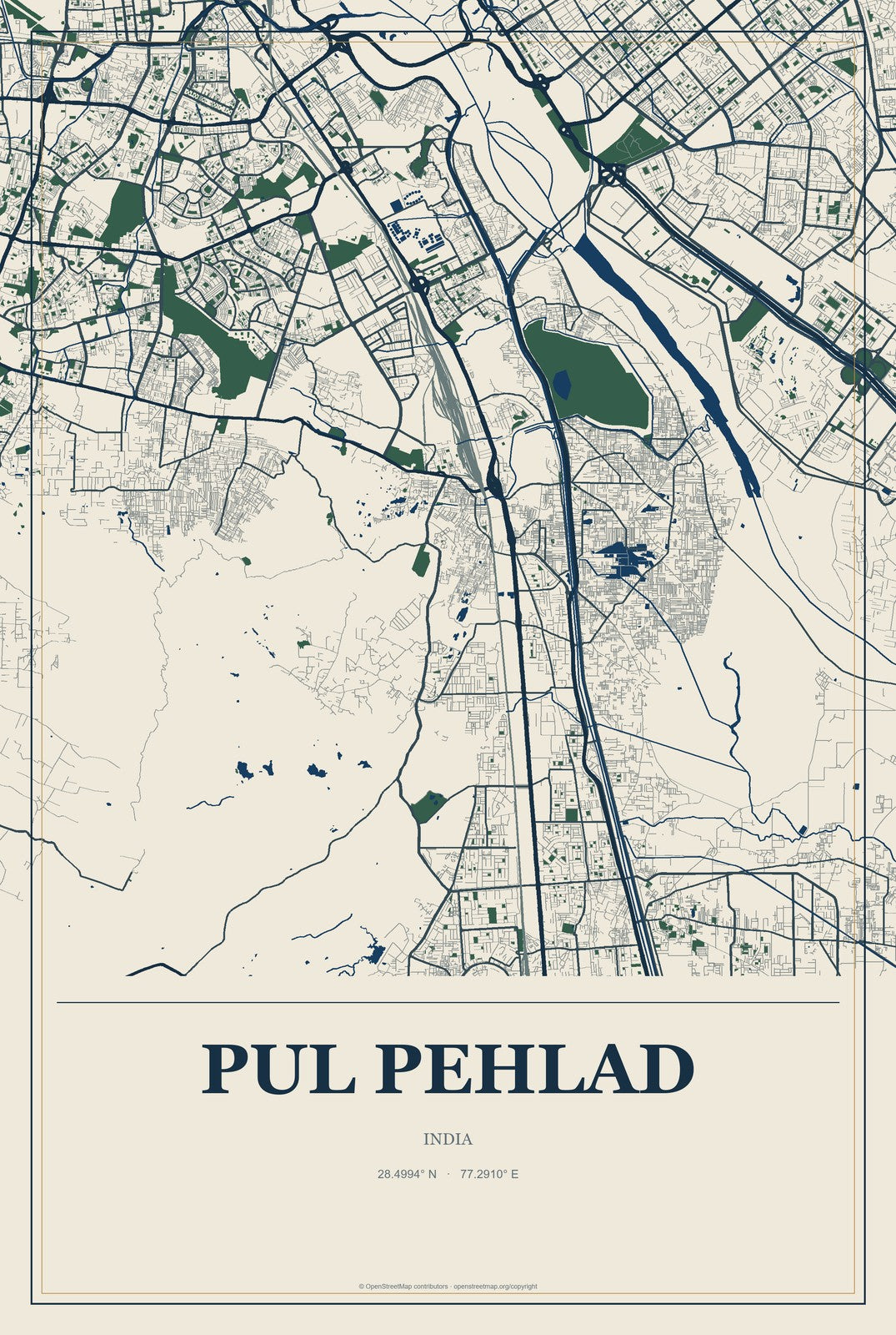 Pul Pehlad, India City Map Aluminum Sign in Coastal Cutout style
