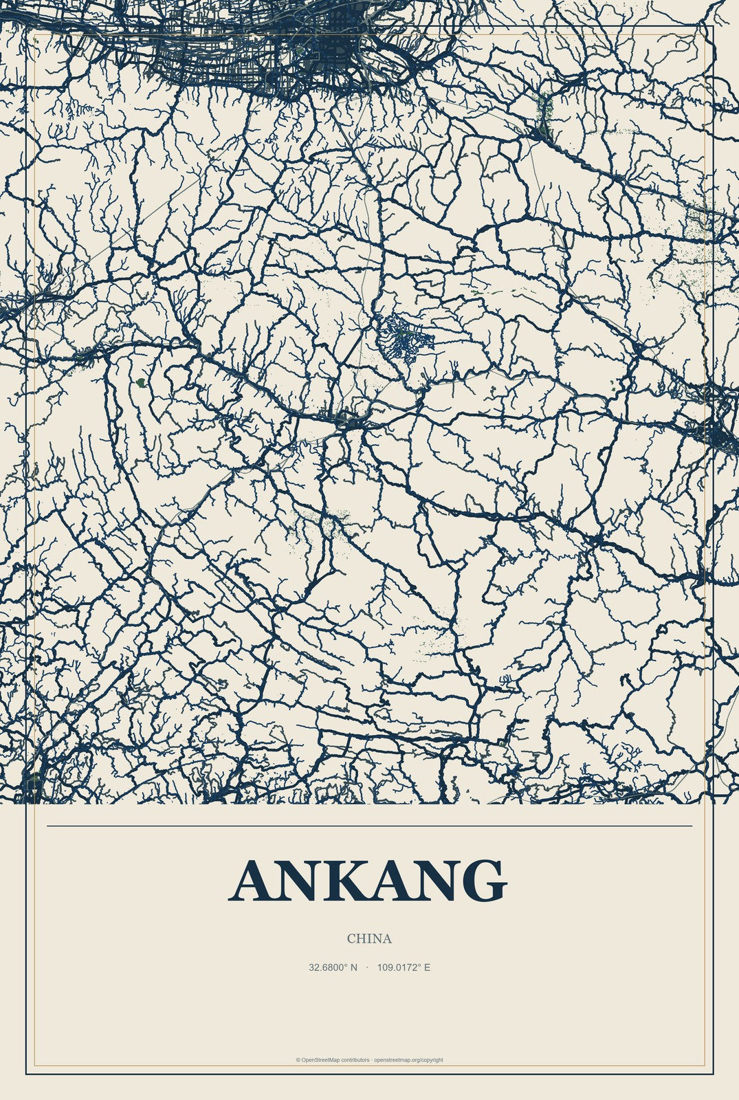 Ankang, Shaanxi, China City Map Aluminum Sign in Coastal Cutout style