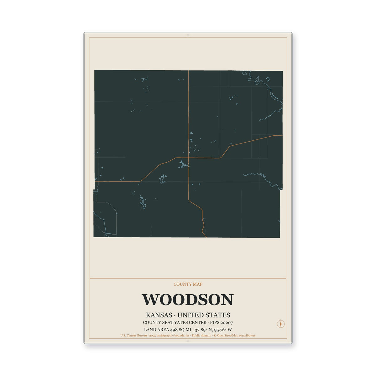 Woodson County, Kansas Map Aluminum Sign in Headline Atlas style