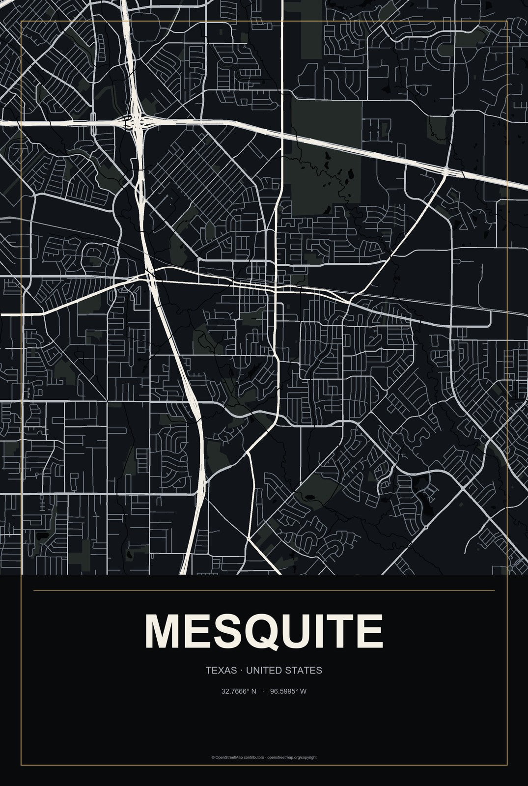 Mesquite, Texas City Map Aluminum Sign in Metropolitan Noir style