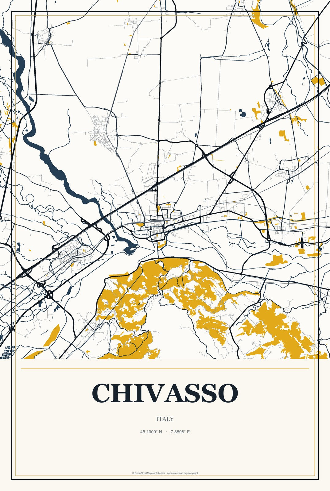 Chivasso, Italy City Map Aluminum Sign in Citrine Modern style