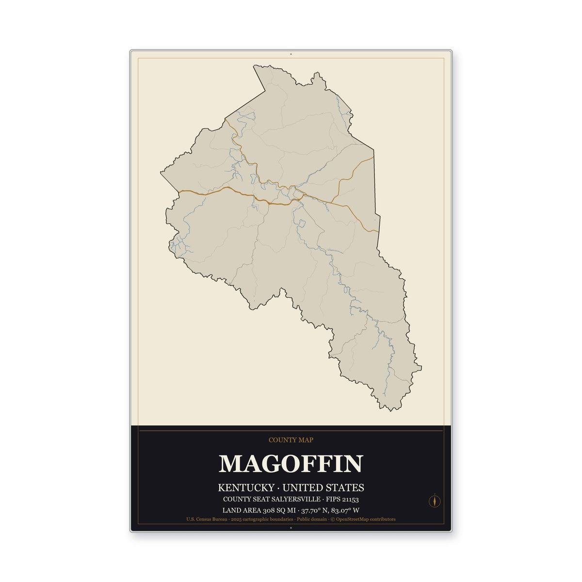 Magoffin County, Kentucky Map Aluminum Sign in Museum Plaque style