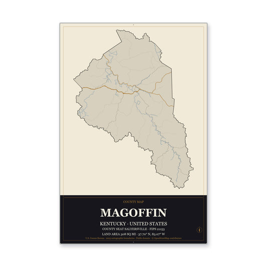Magoffin County, Kentucky Map Aluminum Sign in Museum Plaque style