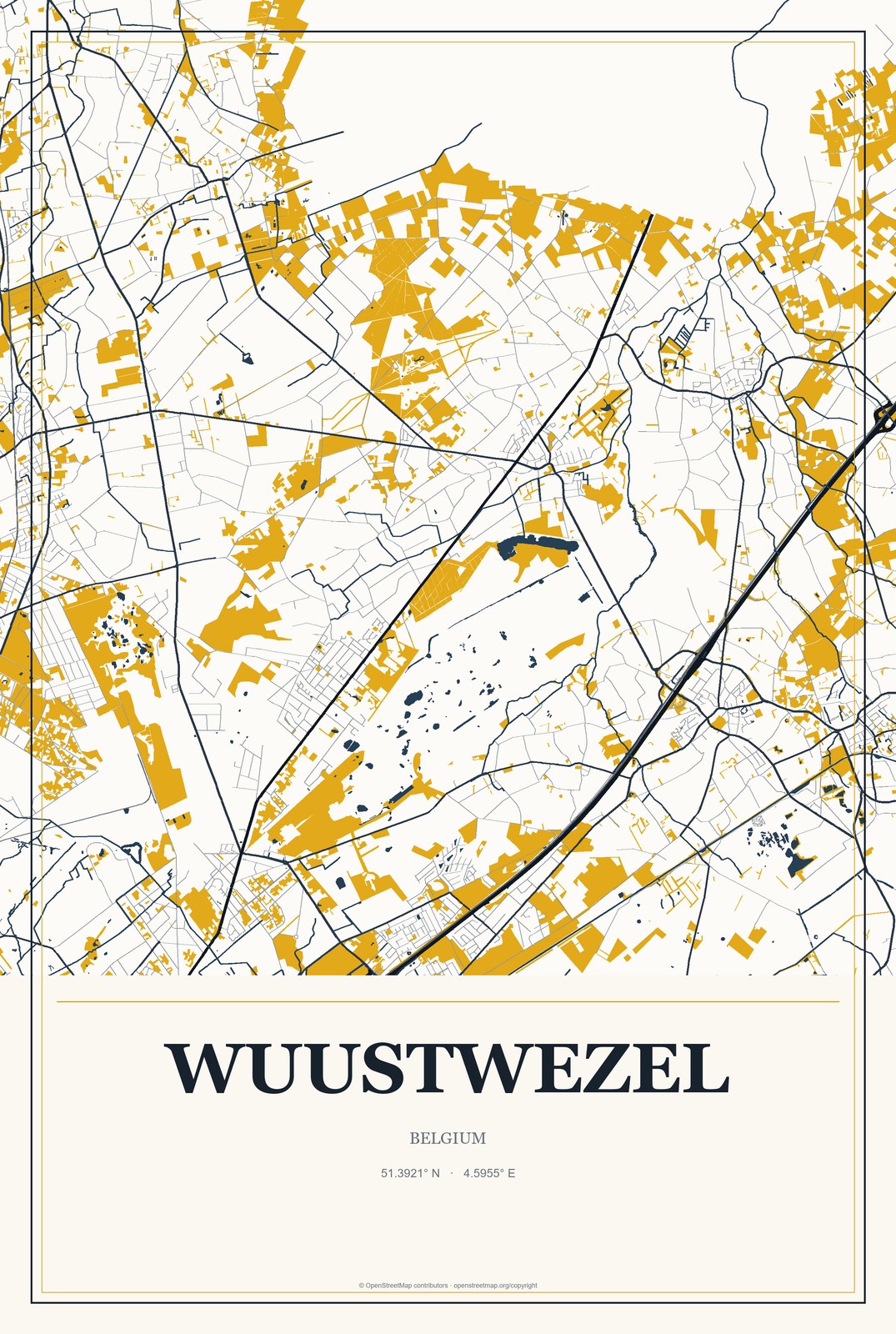 Wuustwezel, Belgium City Map Aluminum Sign in Citrine Modern style