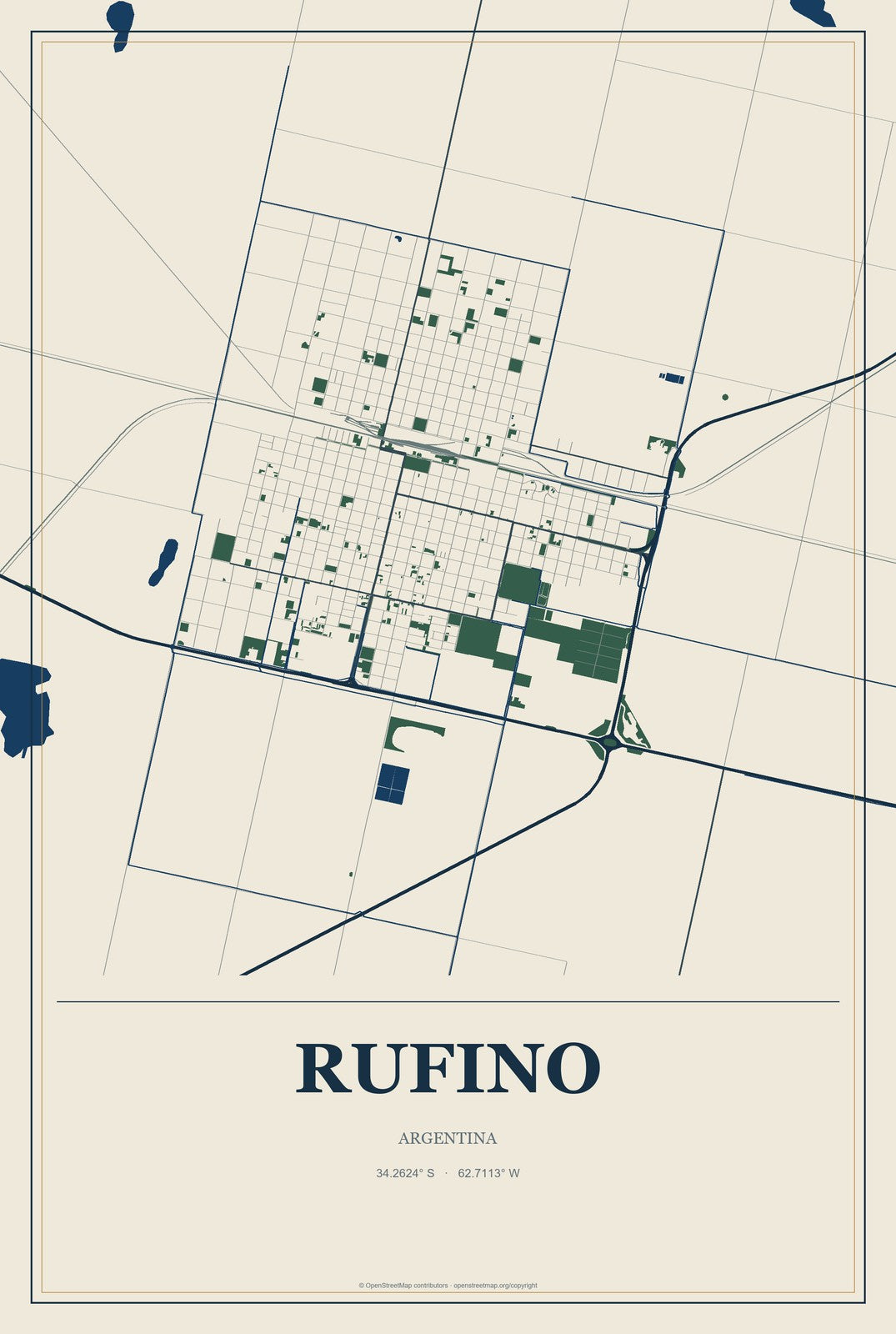 Rufino, Argentina City Map Aluminum Sign in Coastal Cutout style
