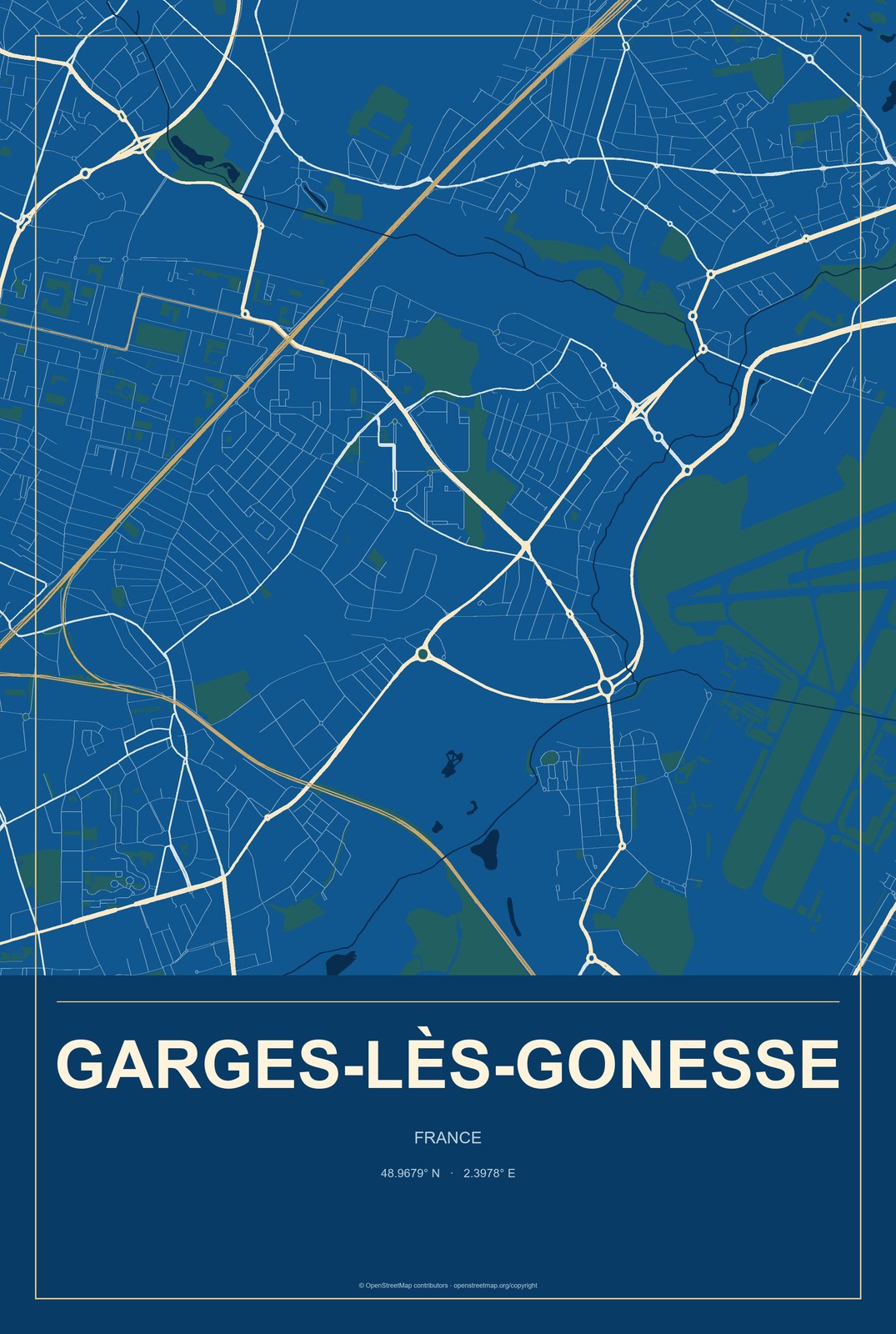 Garges-lès-Gonesse, France City Map Aluminum Sign in Harbor Cobalt style