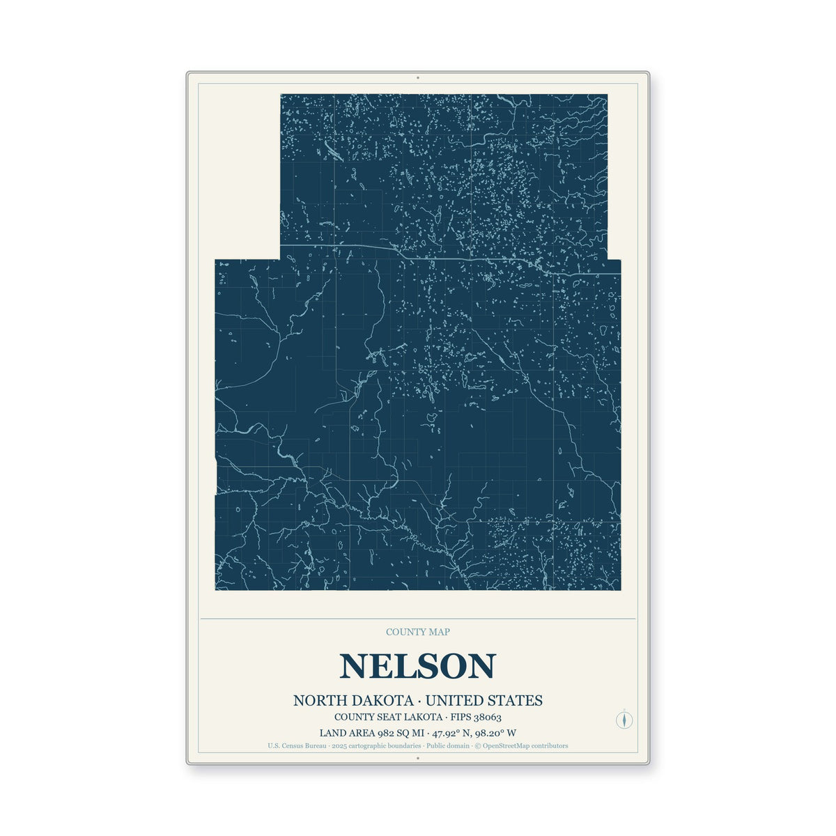 Nelson County, North Dakota Map Aluminum Sign in Coastal Cutout style