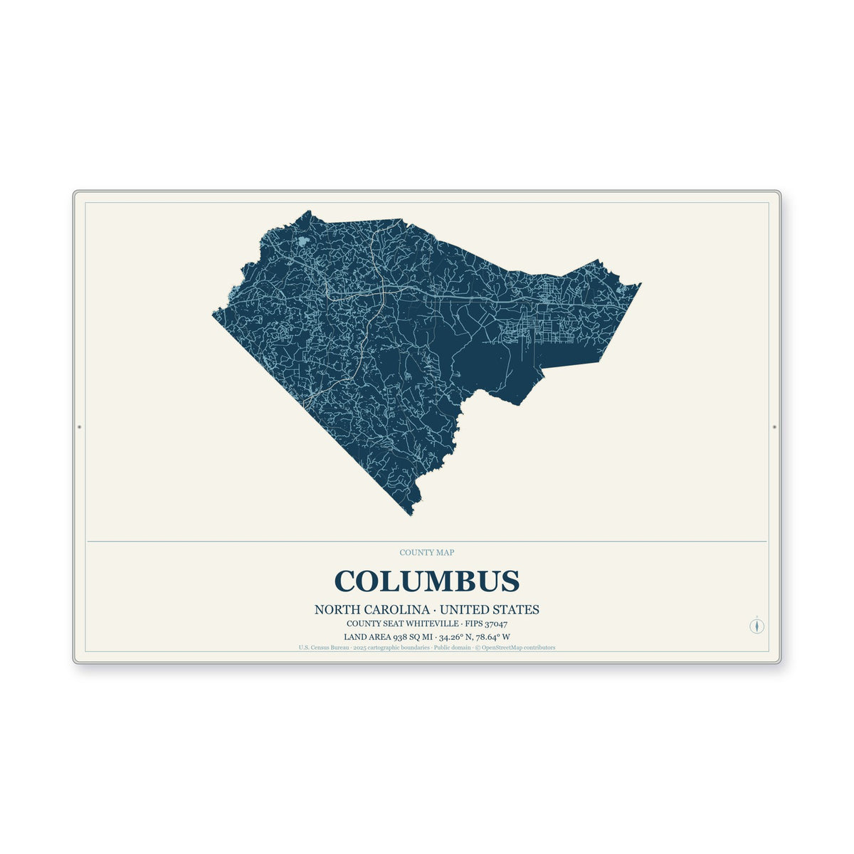 Columbus County, North Carolina Map Aluminum Sign in Coastal Cutout style