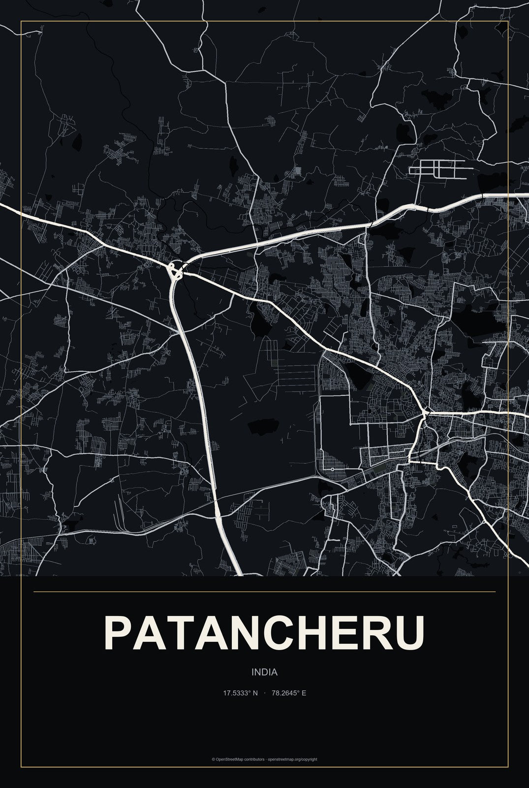 Patancheru, India City Map Aluminum Sign in Metropolitan Noir style
