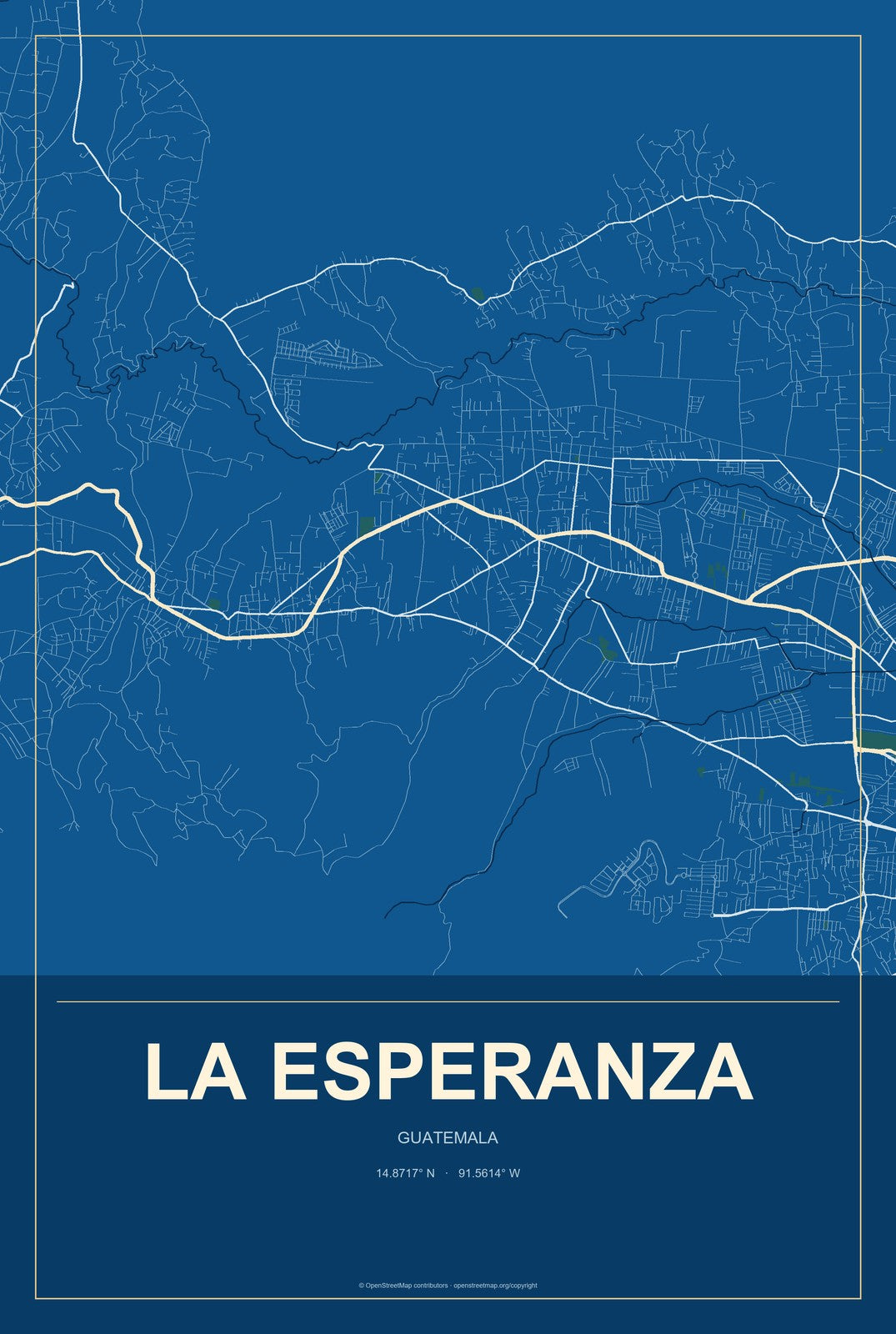 La Esperanza, Guatemala City Map Aluminum Sign in Harbor Cobalt style