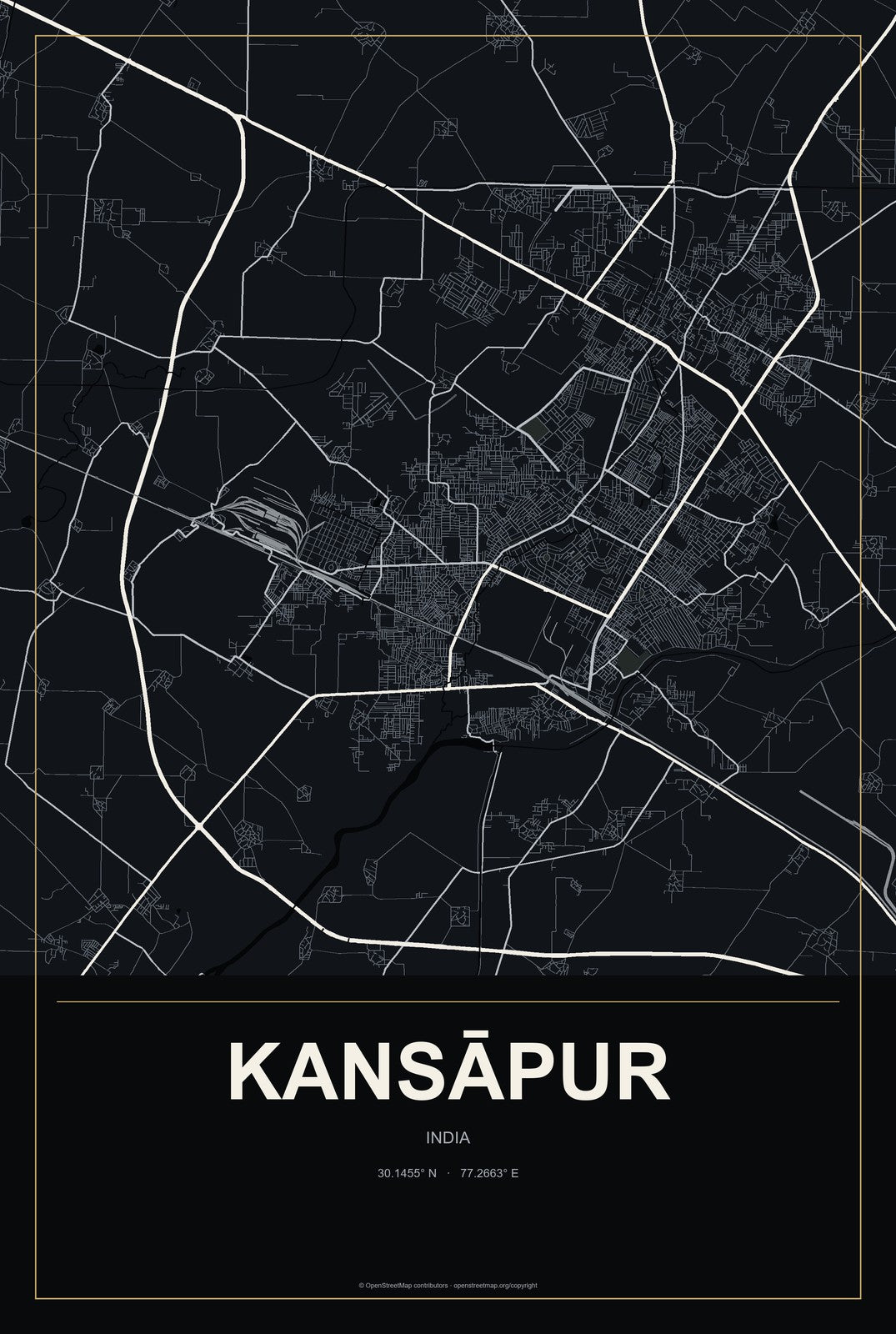 Kansāpur, India City Map Aluminum Sign in Metropolitan Noir style