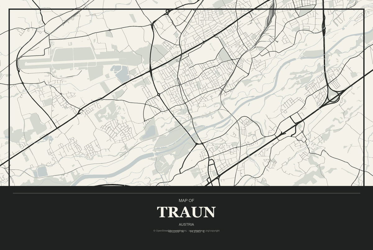 Traun, Austria City Map Aluminum Sign in Museum Plaque style