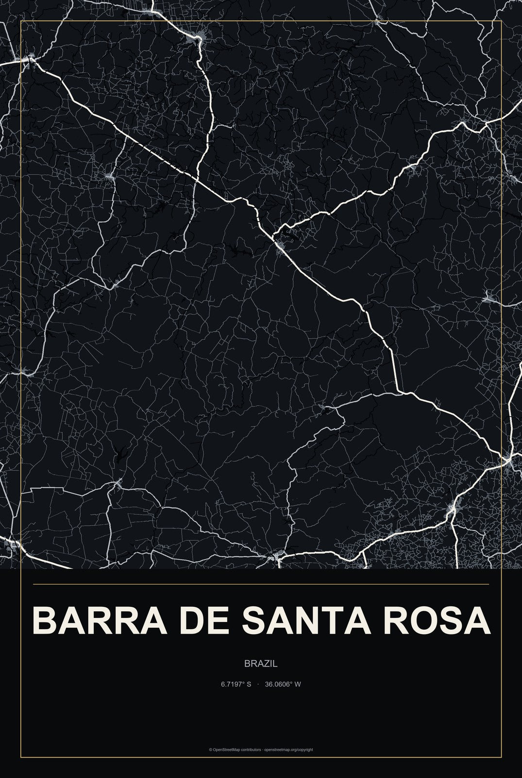 Barra de Santa Rosa, Brazil City Map Aluminum Sign in Metropolitan Noir style