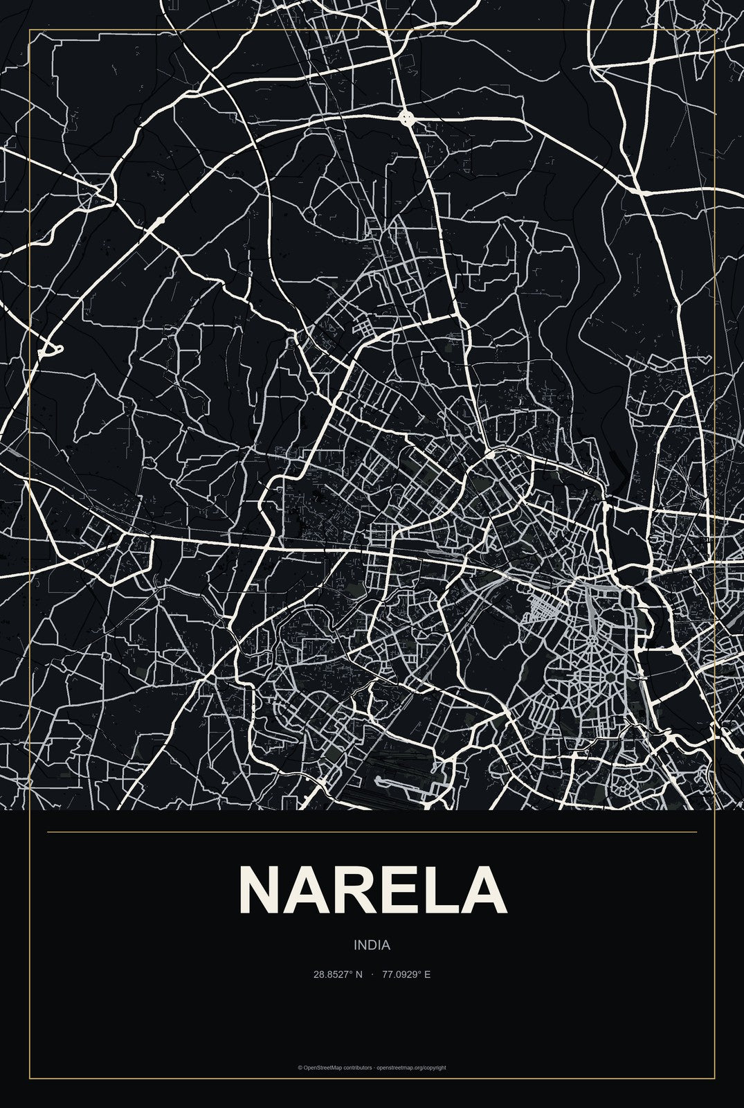 Narela, India City Map Aluminum Sign in Metropolitan Noir style