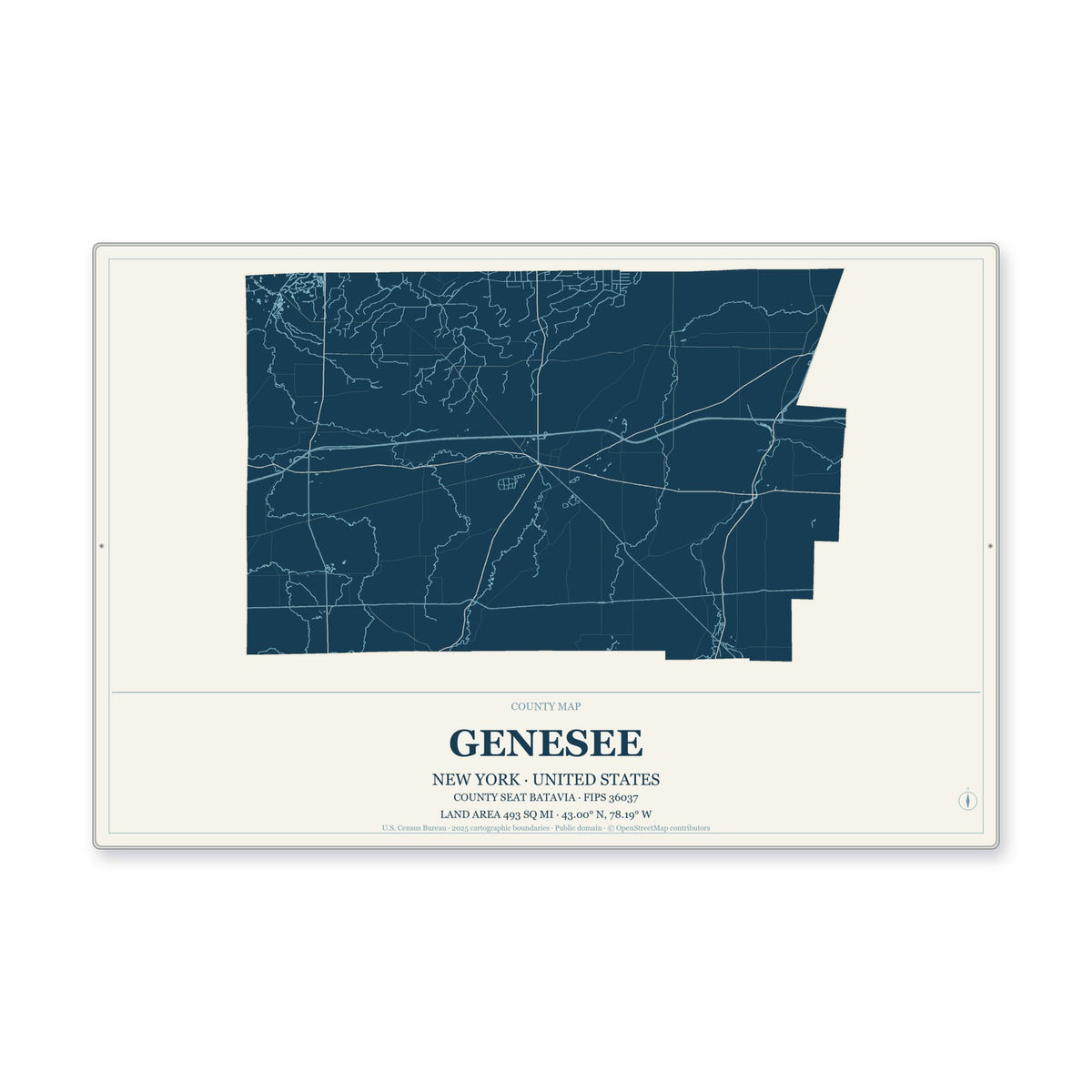 Genesee County, New York Map Aluminum Sign in Coastal Cutout style