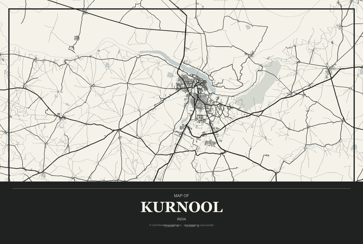 Kurnool, India City Map Aluminum Sign in Museum Plaque style