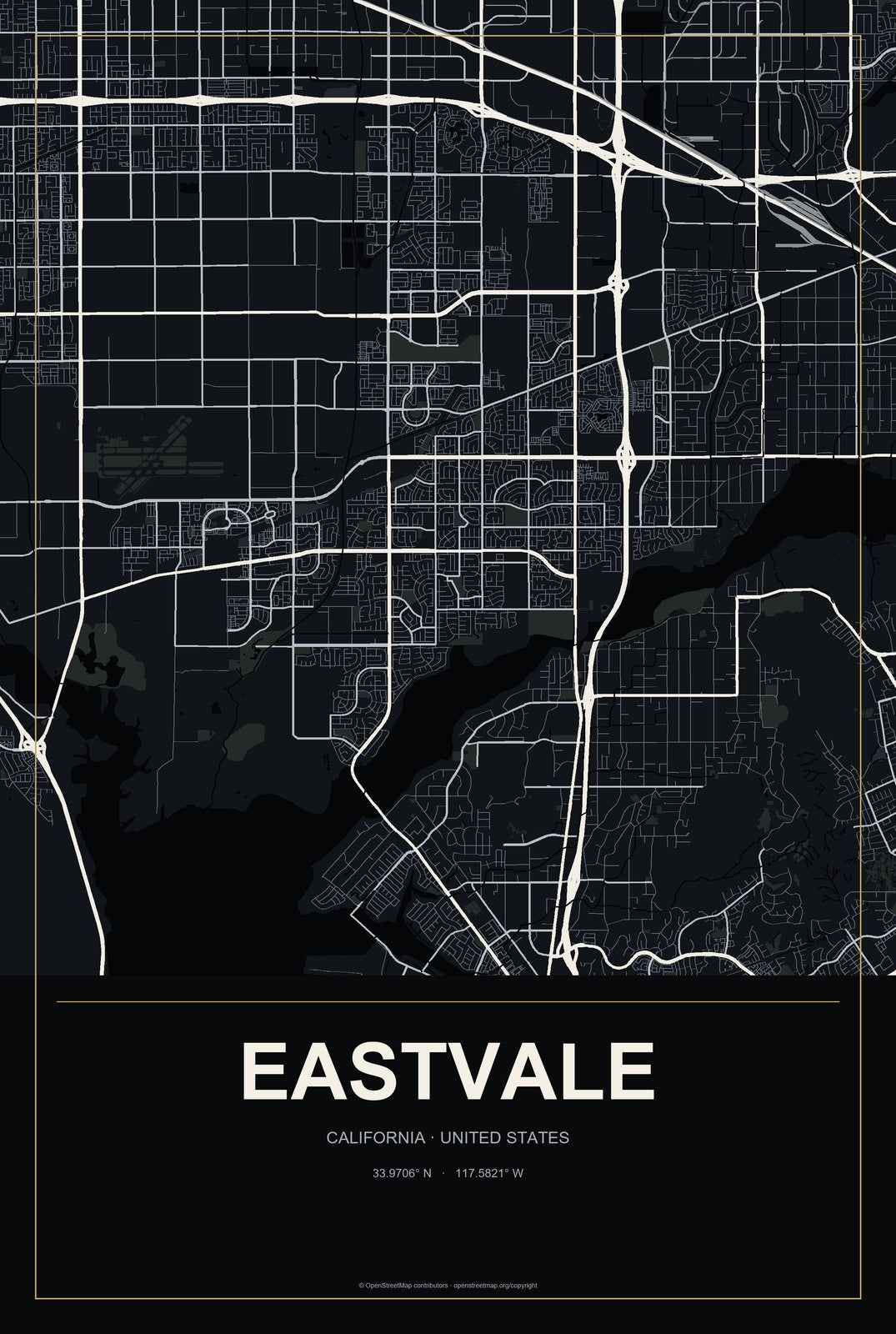 Eastvale, California City Map Aluminum Sign in Metropolitan Noir style