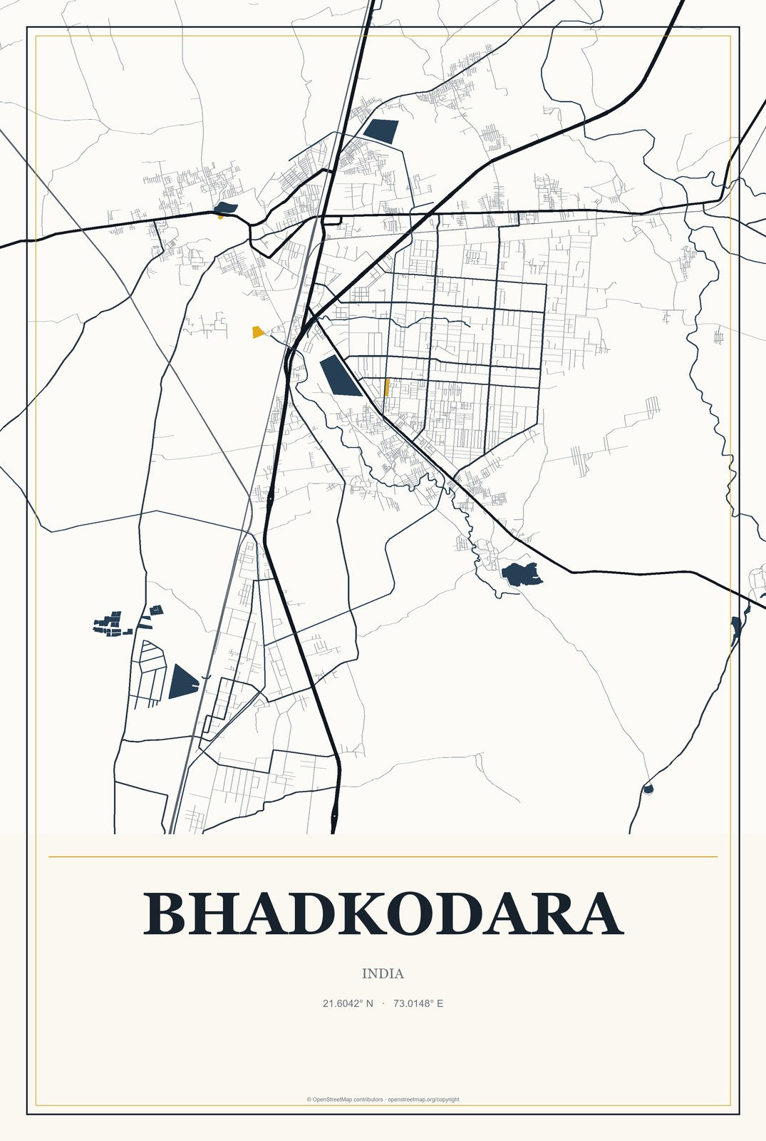 Bhadkodara, India City Map Aluminum Sign in Citrine Modern style