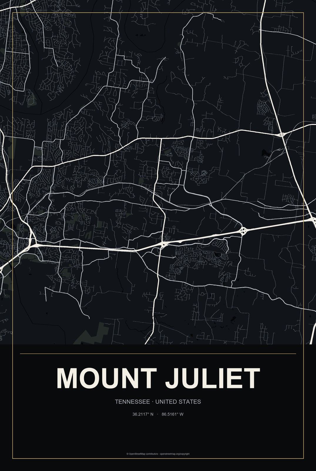 Mount Juliet, Tennessee City Map Aluminum Sign in Metropolitan Noir style
