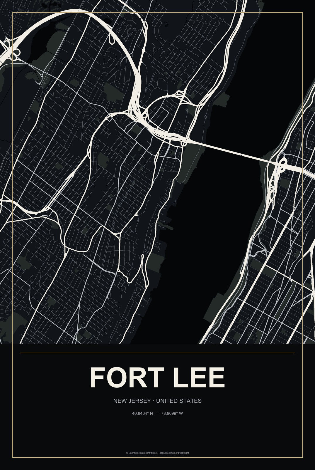 Fort Lee, New Jersey City Map Aluminum Sign in Metropolitan Noir style