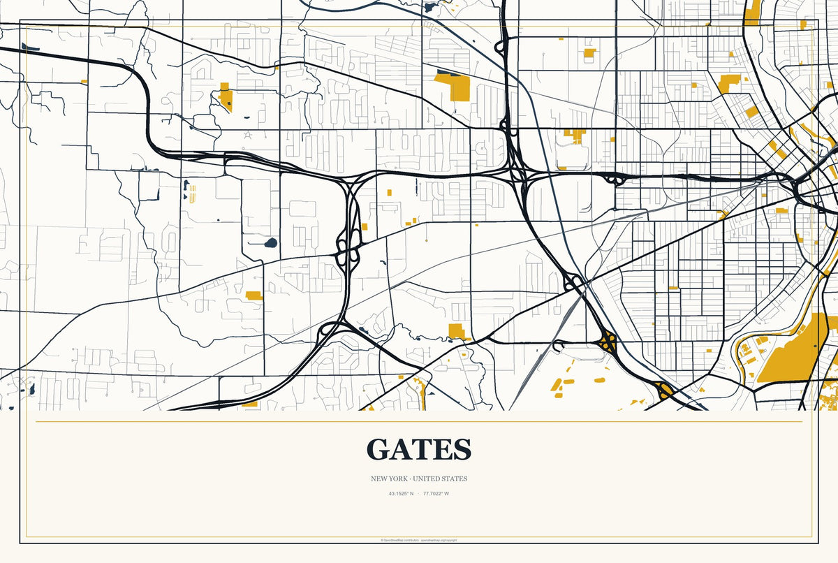 Gates, New York City Map Aluminum Sign in Citrine Modern style
