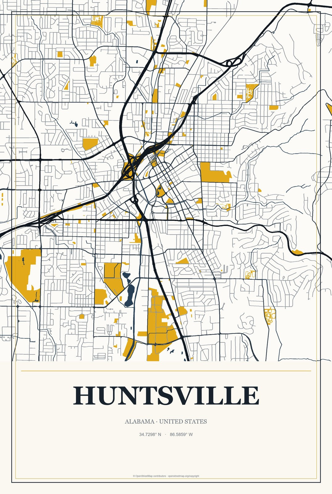 Huntsville, Alabama City Map Aluminum Sign in Citrine Modern style