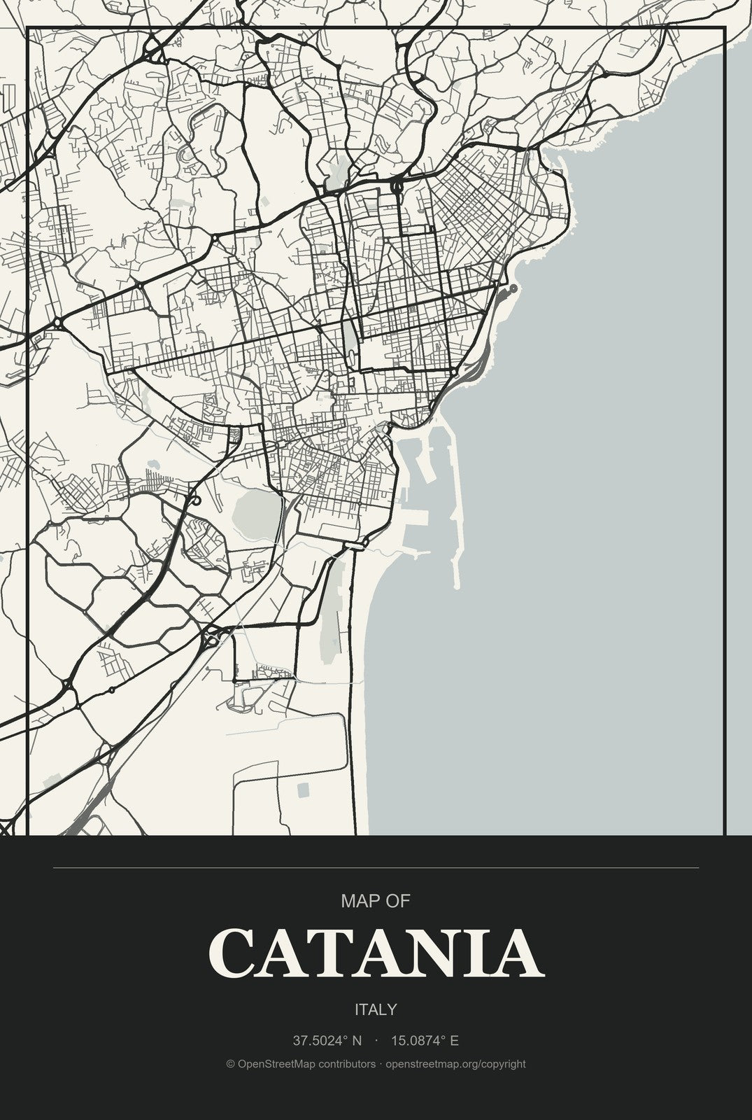 Catania, Italy City Map Aluminum Sign in Museum Plaque style