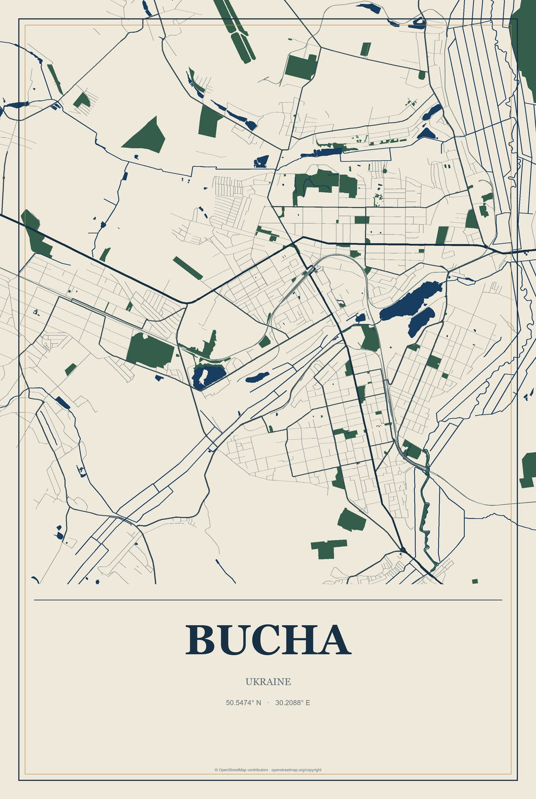 Bucha, Ukraine City Map Aluminum Sign in Coastal Cutout style