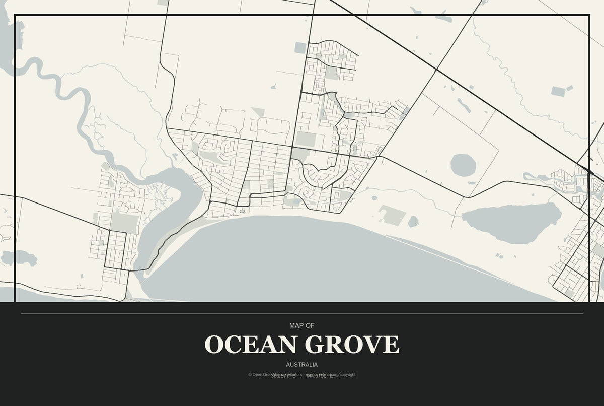 Ocean Grove, Australia City Map Aluminum Sign in Museum Plaque style