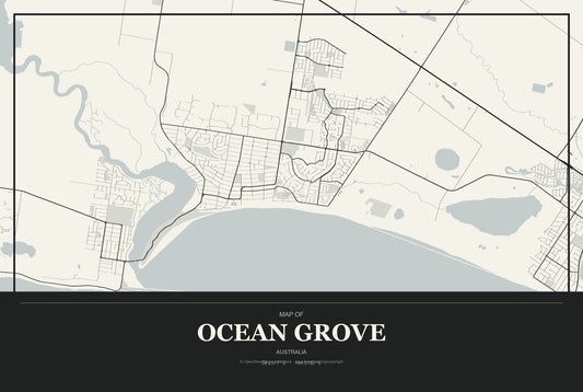 Ocean Grove, Australia City Map Aluminum Sign in Museum Plaque style