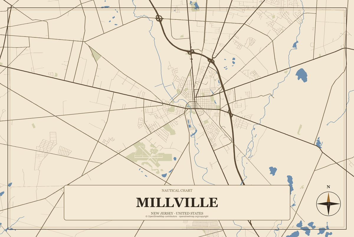 Millville, New Jersey City Map Aluminum Sign in Heritage Nautical style