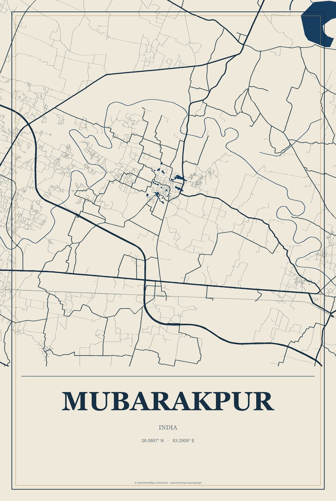 Mubarakpur, India City Map Aluminum Sign in Coastal Cutout style