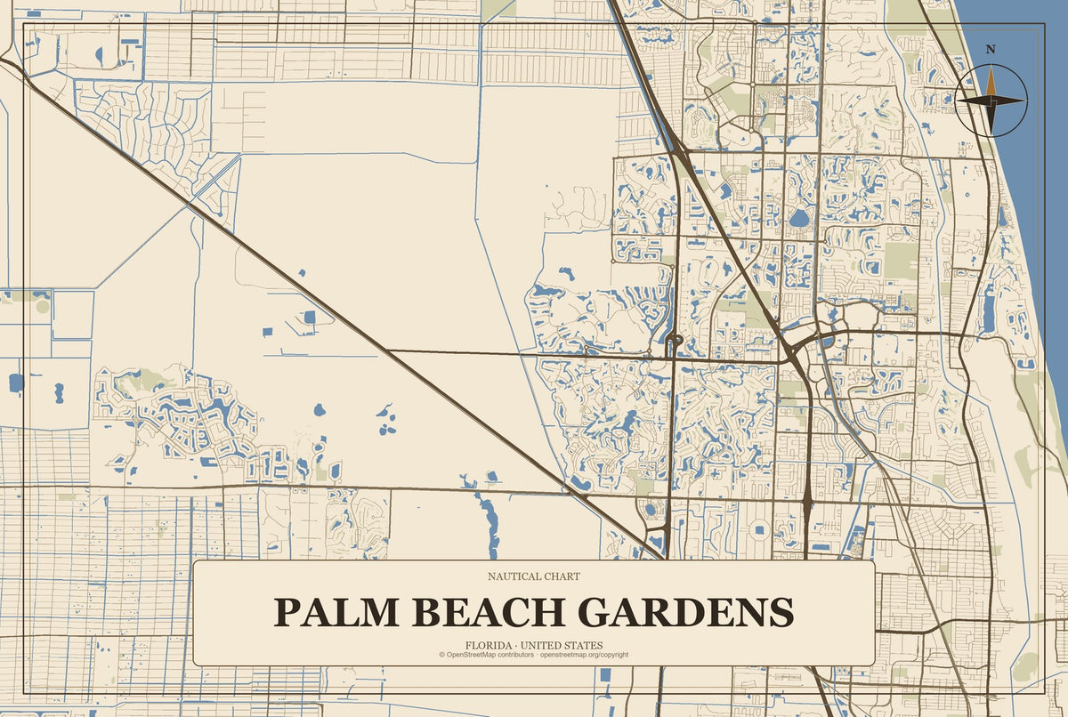 Palm Beach Gardens, Florida City Map Aluminum Sign in Heritage Nautical style
