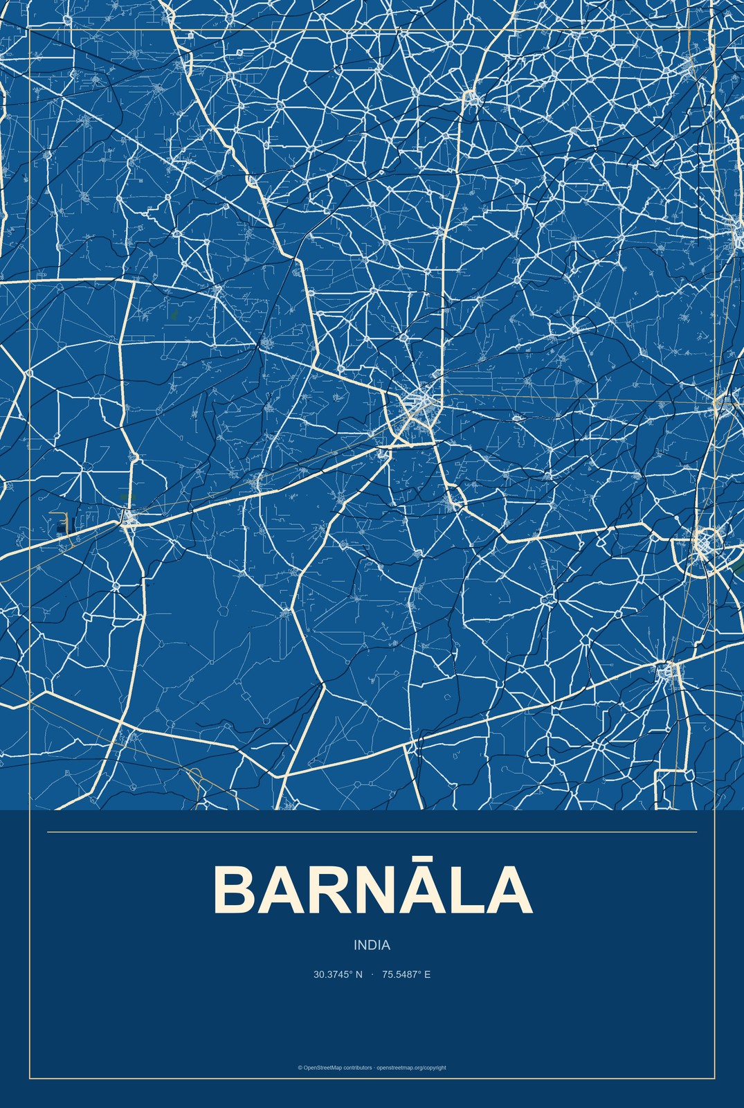 Barnāla, India City Map Aluminum Sign in Harbor Cobalt style