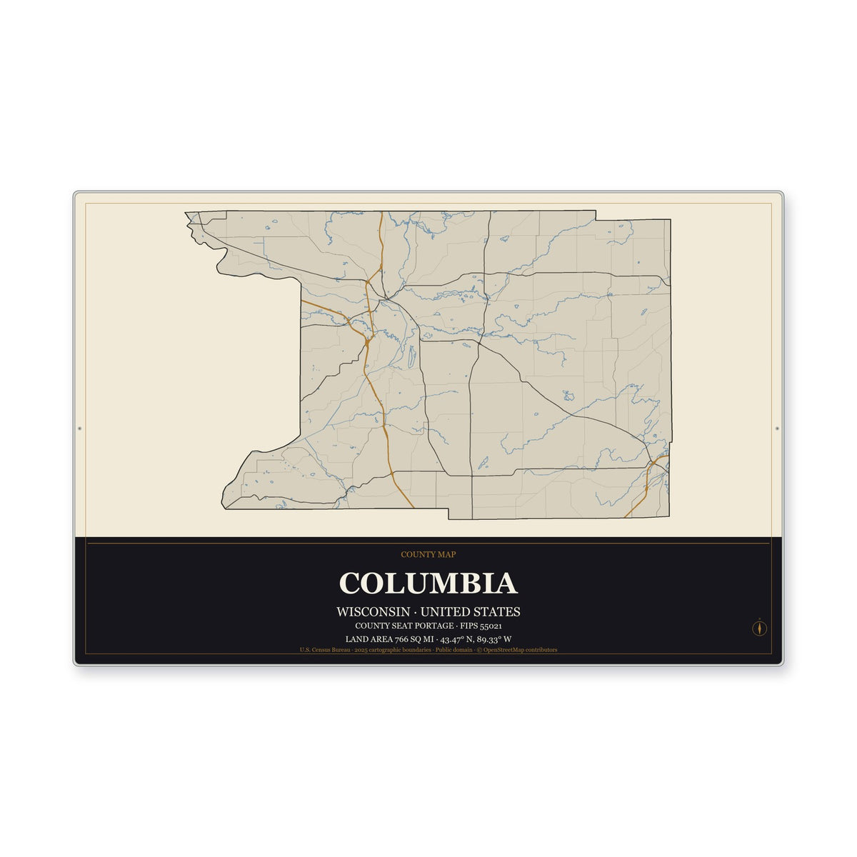 Columbia County, Wisconsin Map Aluminum Sign in Museum Plaque style