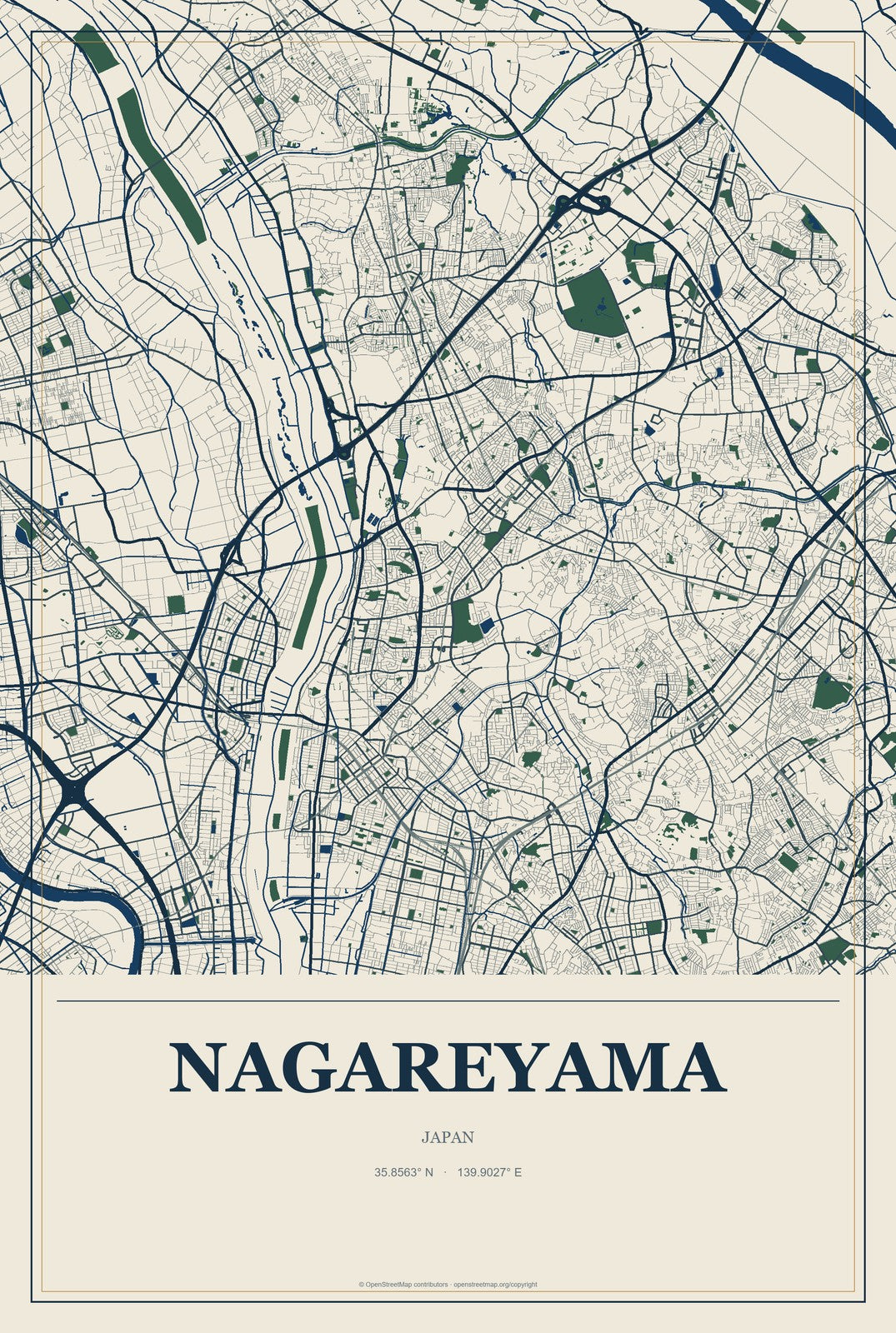 Nagareyama, Japan City Map Aluminum Sign in Coastal Cutout style