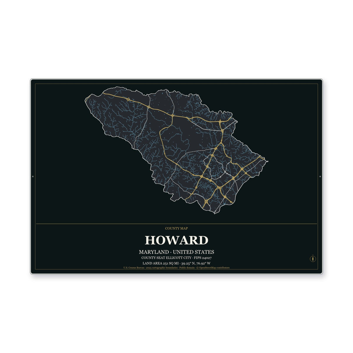 Howard County, Maryland Map Aluminum Sign in Metropolitan Noir style