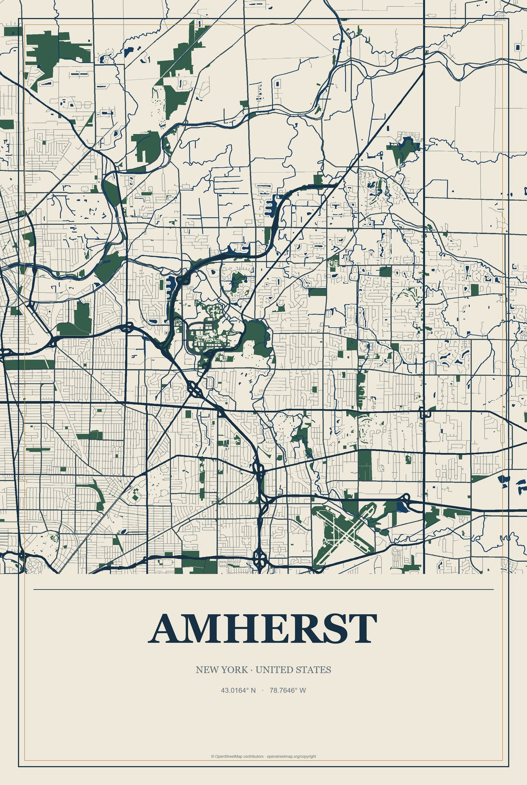 Amherst, New York City Map Aluminum Sign in Coastal Cutout style