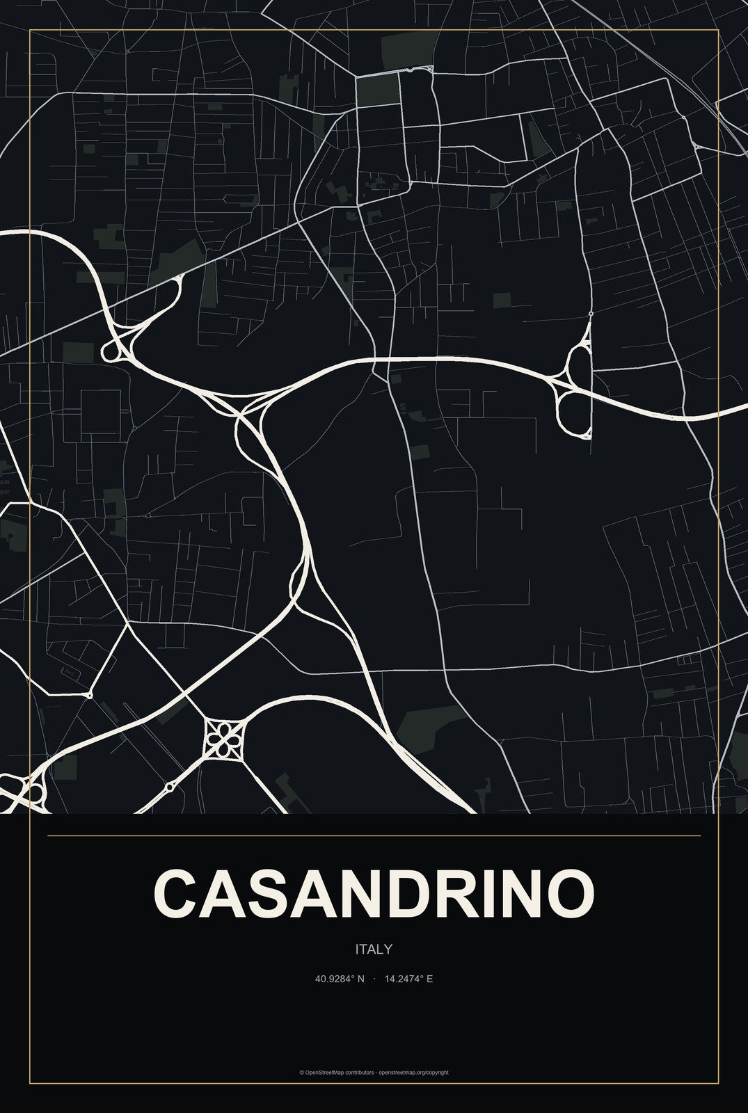 Casandrino, Italy City Map Aluminum Sign in Metropolitan Noir style