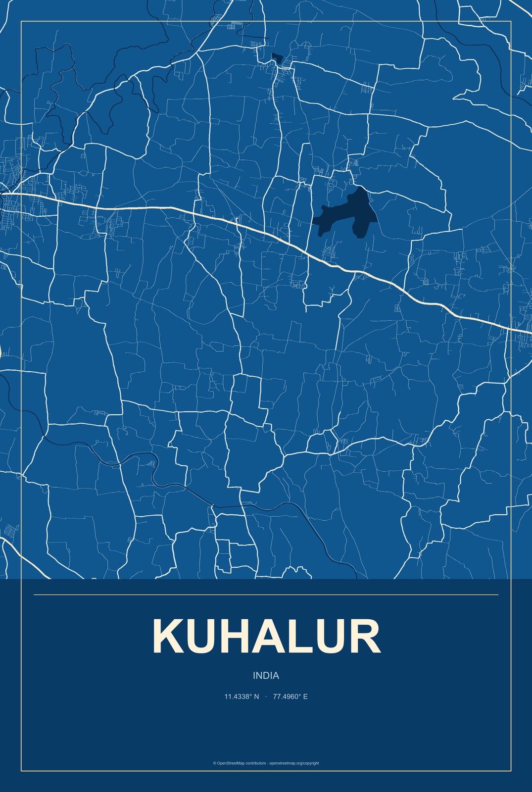 Kuhalur, India City Map Aluminum Sign in Harbor Cobalt style