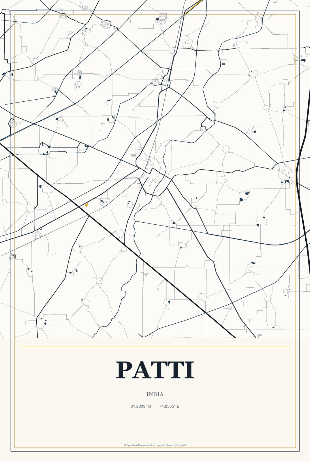 Patti, India City Map Aluminum Sign in Citrine Modern style