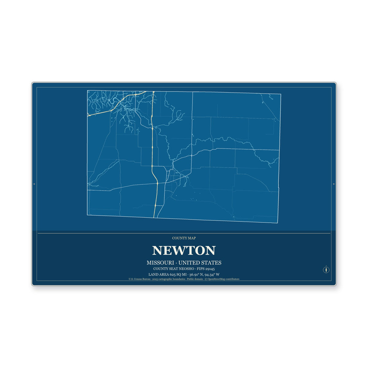 Newton County, Missouri Map Aluminum Sign in Harbor Cobalt style