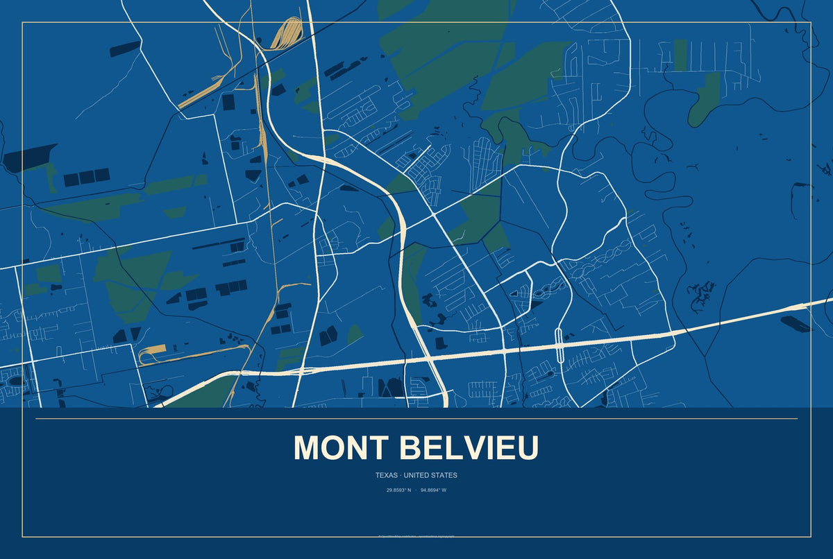 Mont Belvieu, Texas City Map Aluminum Sign in Harbor Cobalt style