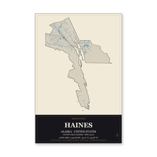 Haines Borough, Alaska Map Aluminum Sign in Museum Plaque style