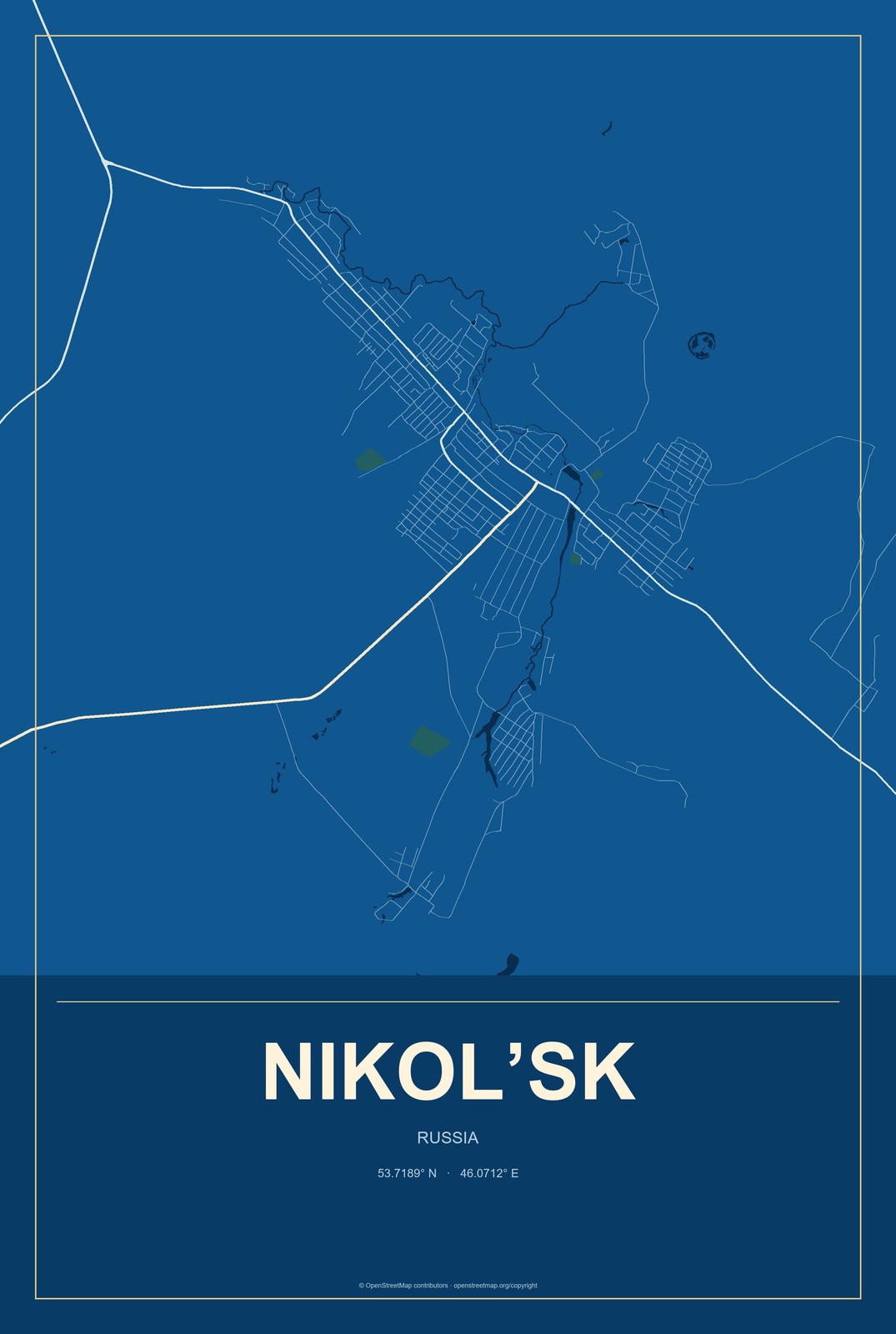 Nikol’sk, Russia City Map Aluminum Sign in Harbor Cobalt style